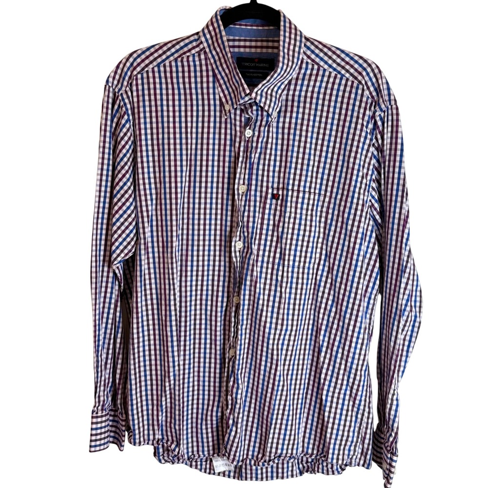 Tricot Marine Mens XL Button Down Shirt Long Sleeve Two Ply Cotton Red Detail